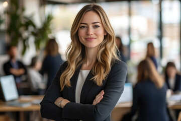 Fototapeta premium A young woman in the office, smiling at the camera