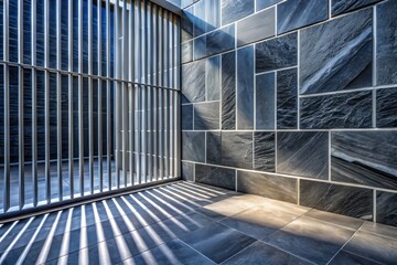 Fototapeta premium Abstract Gray Stone Concrete Tiles Texture with Geometric Background and 3D Charcoal Toned Glass Wall Illustration