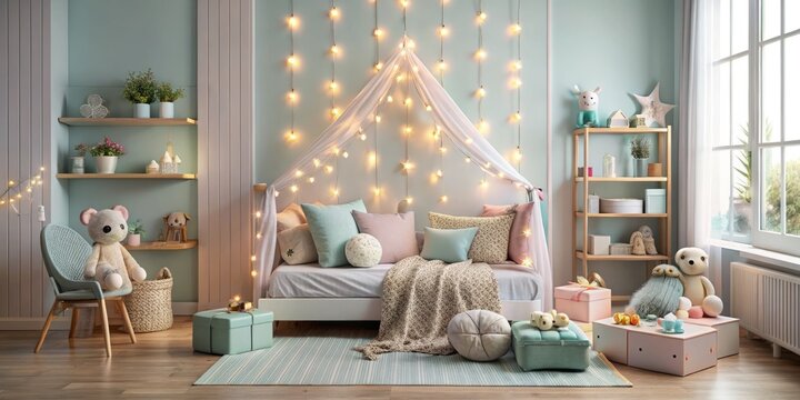 A cheerful children's room filled with warmth, featuring playful decor, a festive gift box, and an inviting atmosphere, perfect for showcasing in architectural photography.