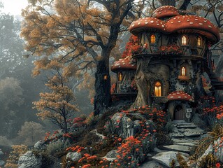 Fototapeta premium Enchanted Mushroom House in a Magical Forest