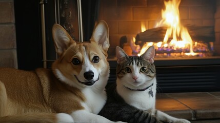 Dog and Cat Relaxing by the Fireplace Together