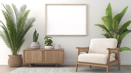 A casual coastal living room with light furniture, airy drapes, and a blank white frame displaying a serene seaside scene above a comfy armchair, inviting creativity.