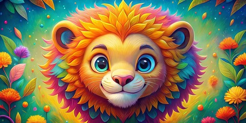 Naklejka premium Adorable Cute Child Lion Head Illustration - Whimsical Animal Art for Kids' Fashion Photography, Playful Designs, Colorful Backgrounds, and Unique Artwork for Children's Apparel and Decor