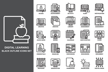 Digital learning black outline icons set. contain access, library, assessment, deadline, discussion, homework, knowledge and more. use for modern concept, web and app development. Vector EPS 10