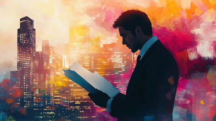 A man in a suit reading papers against a vibrant city skyline at sunset
