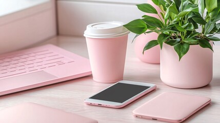 A pink laptop, phone, coffee cup, and potted plant on a wooden desk.