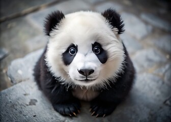 Fototapeta premium Adorable Panda Curiously Gazing at the Viewer on a Soft Grey Surface – Drone Photography Capturing Wildlife Beauty
