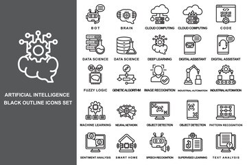 Artificial intelligence black outline icons set. contain bot, brain, could computing, data science, deep learning and more. use for modern concept, web and app development. Vector EPS 10