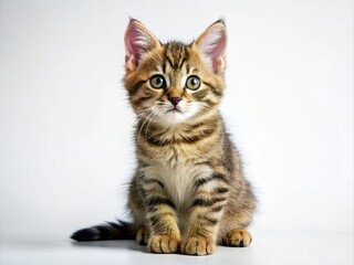 Obraz premium Adorable Small Brown Tabby Kitten on White Background Perfect for Pet Lovers and Cat Enthusiasts with Copy Space for Text or Design