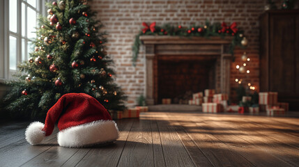 Obraz premium santa hat and christmas tree with gifts background