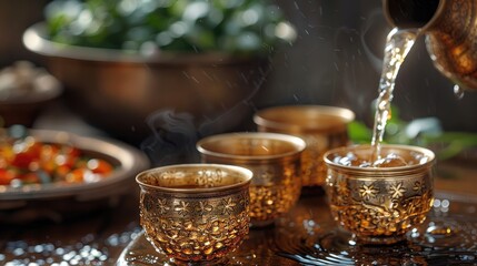 Fototapeta premium traditional Arabic wine being poured into golden cups, set on an old wooden table with various dishes in the background