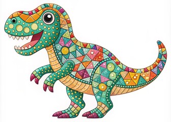 Fototapeta premium Adorable Vintage Style T-Rex Illustration with Mosaic Fills on White Background for Children's Decor and Educational Materials