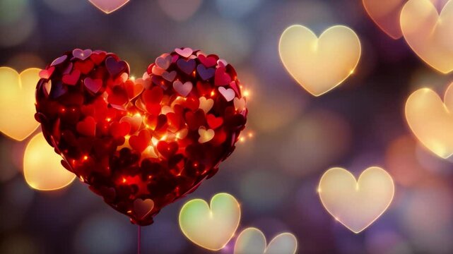 Red Sequins Heart With Glowing Heart Shaping Bokeh Lights In A Romantic Atmosphere