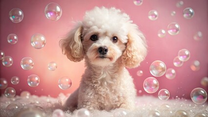 Adorable wet poodle puppy playfully surrounded by soft soapsuds and bubbles, set against a charming pink background, capturing a delightful and playful moment of joy.