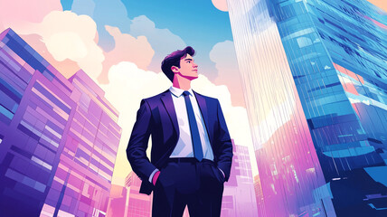 Fototapeta premium A confident businessman gazes up at skyscrapers during sunset in an urban setting