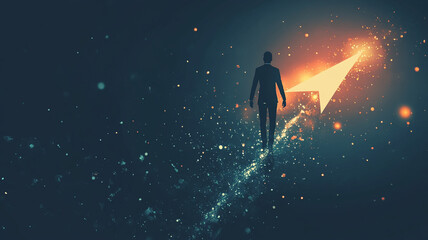 Naklejka premium A silhouette of a person walking towards a glowing arrow in a vast, starry space environment