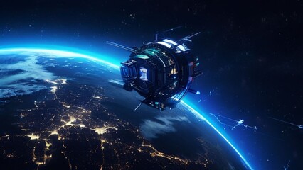 Satellite orbiting Earth with glowing data streams representing global connectivity and technology. AI generative.
