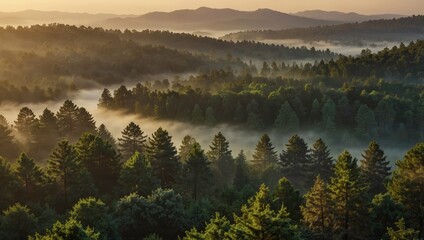 Beautiful view of misty hills and dense pine forests glowing in soft morning light