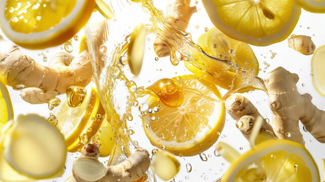 Lemon slices, pieces of ginger root and honey droplets mix with each other with splashes of water in the air on a white background. A delicious healthy diet drink. Natural products