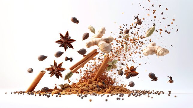 The ingredients for a hot Indian drink - masala tea fall on a white table. Close-up of spices and herbs including cardamom, cinnamon, ginger, fennel seeds, black pepper and cloves