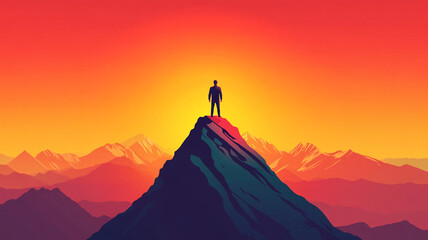 A silhouetted figure atop a mountain peak against a vibrant sunset sky with panoramic views