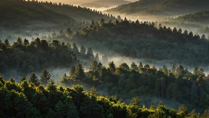 Beautiful view of misty hills and dense pine forests glowing in soft morning light