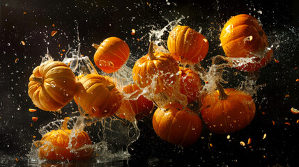 A bunch of pumpkins fall into a pool of water. Orange pumpkins splash in clear water on a black background. A natural organic product. The scene is chaotic