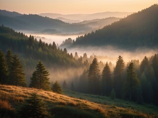 Beautiful view of misty hills and dense pine forests glowing in soft morning light
