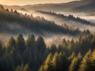 Beautiful view of misty hills and dense pine forests glowing in soft morning light