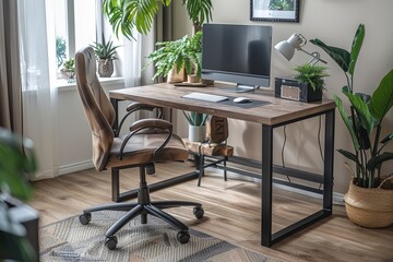 Industrial style home office desk with black metal frame and oak wood top, featuring comfortable swivel chair and open storage space.