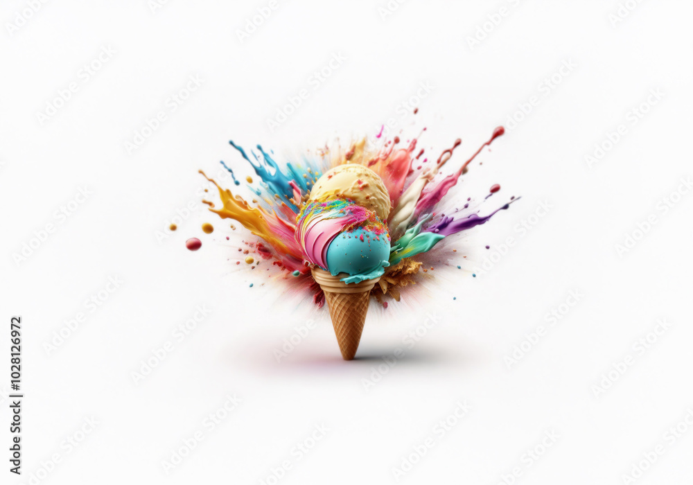 Poster a colorful explosion of paint surrounds a scoop of ice cream in a cone.