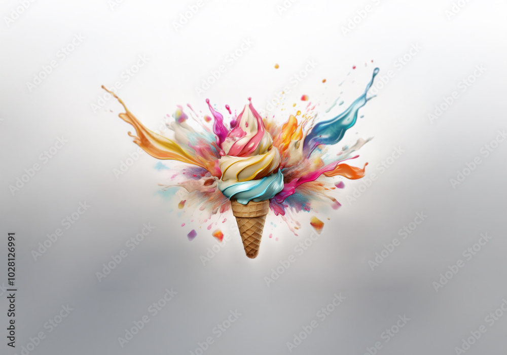 Poster An ice cream cone with colorful, abstract paint splatters exploding around it.