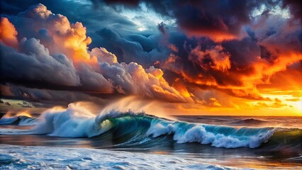 Fototapeta premium A fiery sunset illuminates a dramatic sky, casting an ethereal glow on crashing waves, creating a breathtaking spectacle of nature's power and beauty.