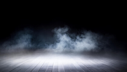 White smoke or fog flow on floor. Large mist in dark room on black background. Smoke on stage studio