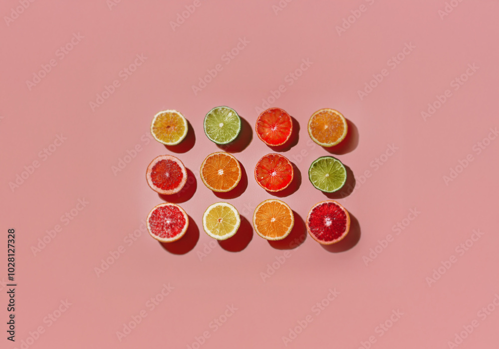 Poster twelve citrus fruit slices arranged in rows on a pink background.