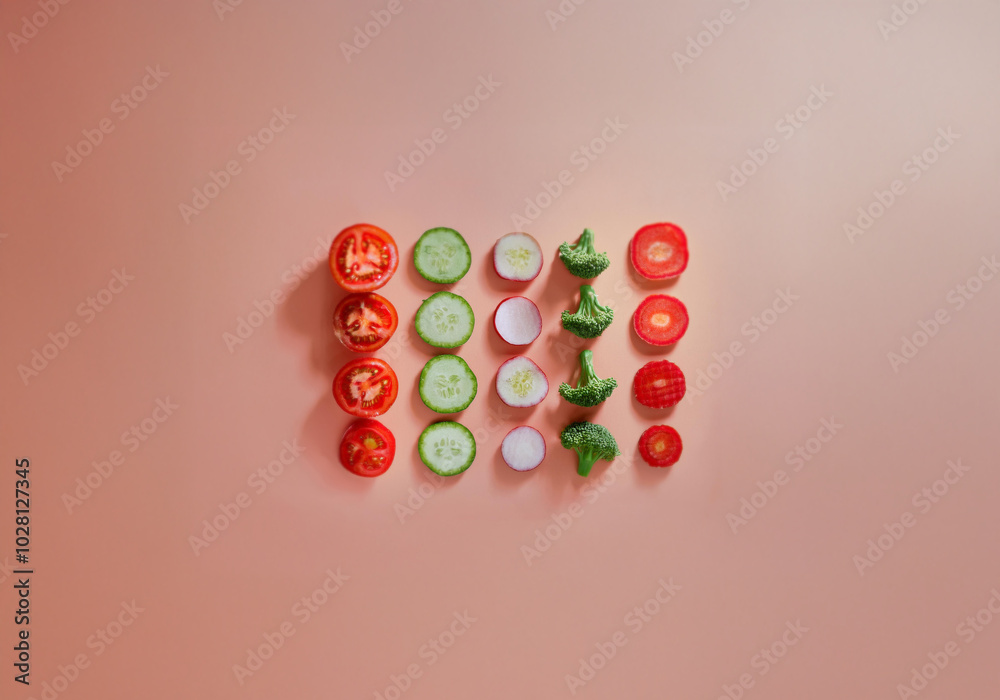 Poster sliced vegetables arranged in rows on a pink background.