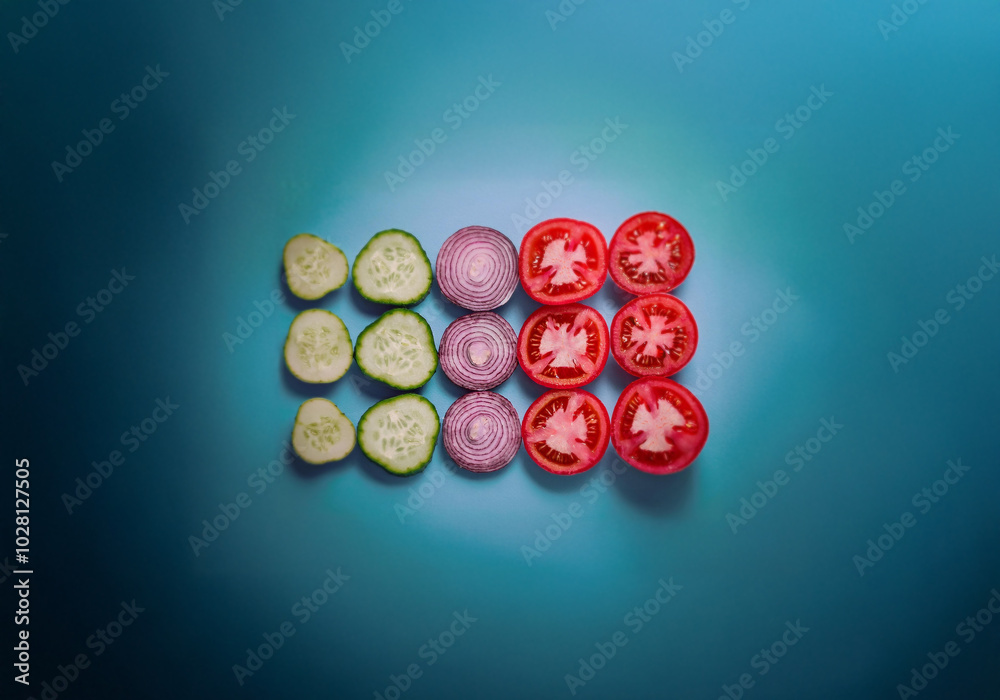 Poster sliced cucumbers, tomatoes, and onions arranged in rows on a blue background.