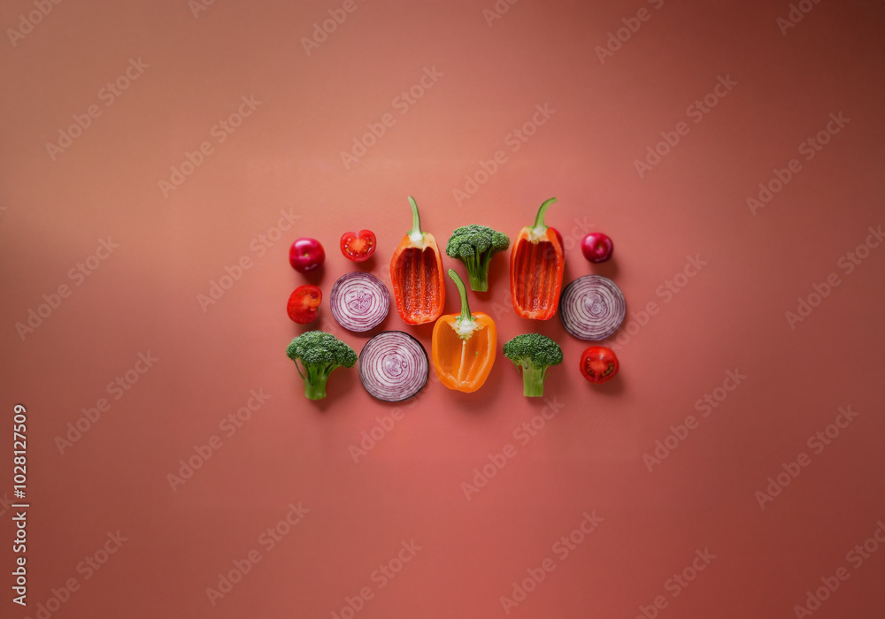 Poster a flat lay of various vegetables on a peach colored background.
