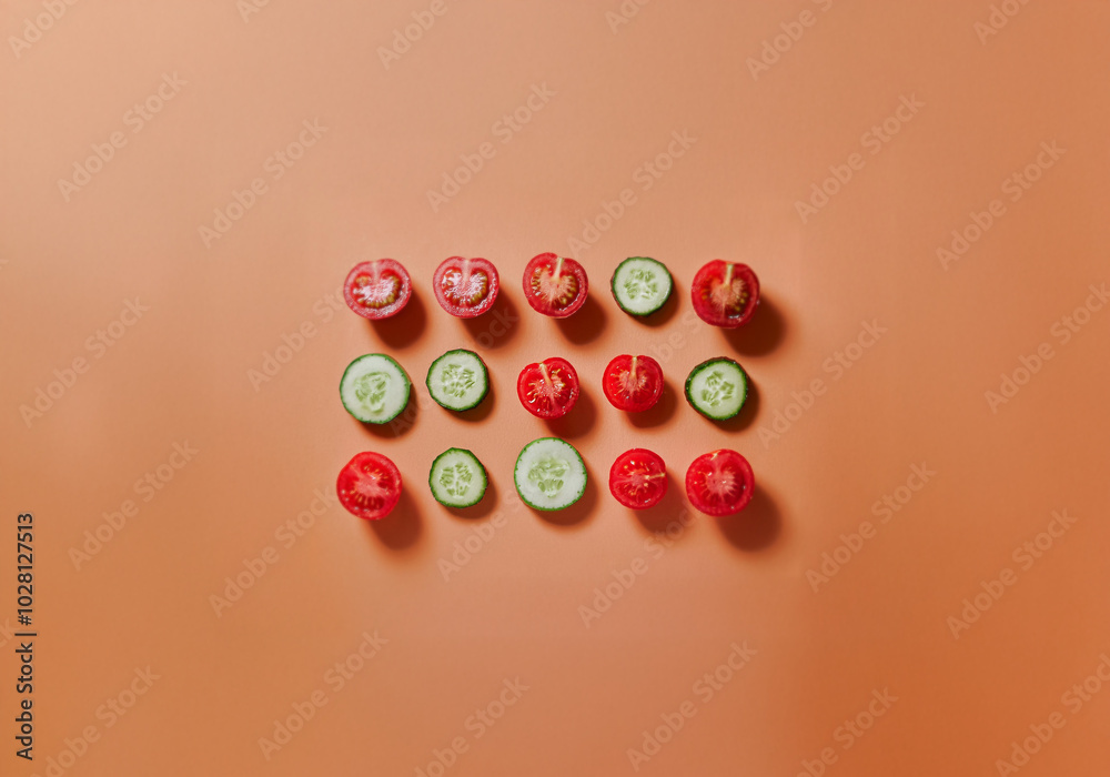 Poster Sliced cucumbers and tomatoes arranged in rows on an orange background.