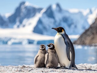Fototapeta premium Family of Penguins Huddled Together on Icy Land