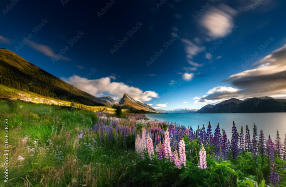 Poster A field of lupine flowers blooms in front of a turquoise lake and a mountain range.