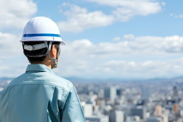 Obraz premium 男性、ヘルメット、後ろ姿、建設事業、電気設備事業、青空、コピースペース