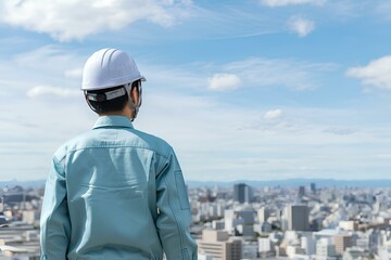 男性、ヘルメット、後ろ姿、建設事業、電気設備事業、青空、コピースペース