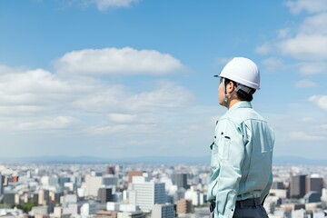 男性、ヘルメット、後ろ姿、建設事業、電気設備事業、青空、コピースペース