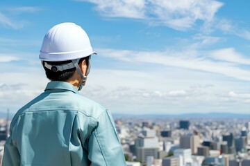 男性、ヘルメット、後ろ姿、建設事業、電気設備事業、青空、コピースペース