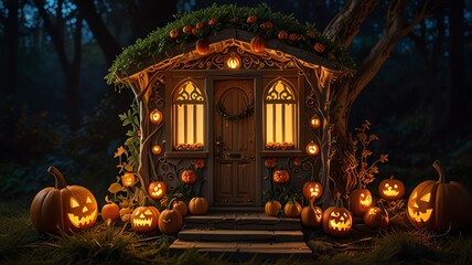 a house with pumpkins and pumpkins on the front door.