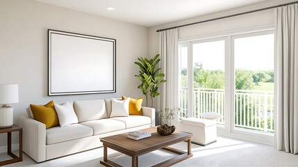 A transitional living room blending traditional and contemporary styles, with neutral furnishings and a large blank white frame showcasing potential artwork above the sofa.