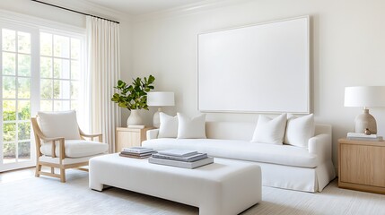 A transitional living room blending traditional and contemporary styles, with neutral furnishings and a large blank white frame showcasing potential artwork above the sofa.