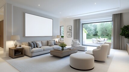 Fototapeta premium A transitional living room blending traditional and contemporary styles, with neutral furnishings and a large blank white frame showcasing potential artwork above the sofa.