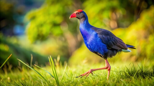 A Pukeko bird gracefully strides toward the camera, showcasing its vibrant colors in a natural setting, surrounded by lush greenery. Perfect space available for your text.